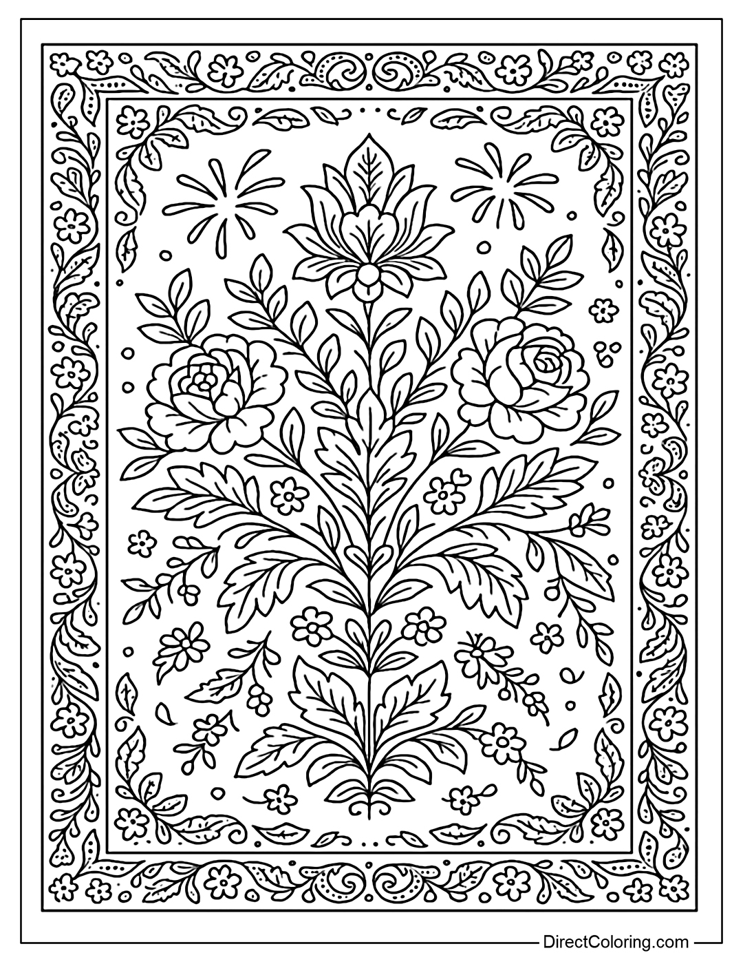 Pavlovo Posad scarf coloring page with elaborate symmetrical floral patterns.